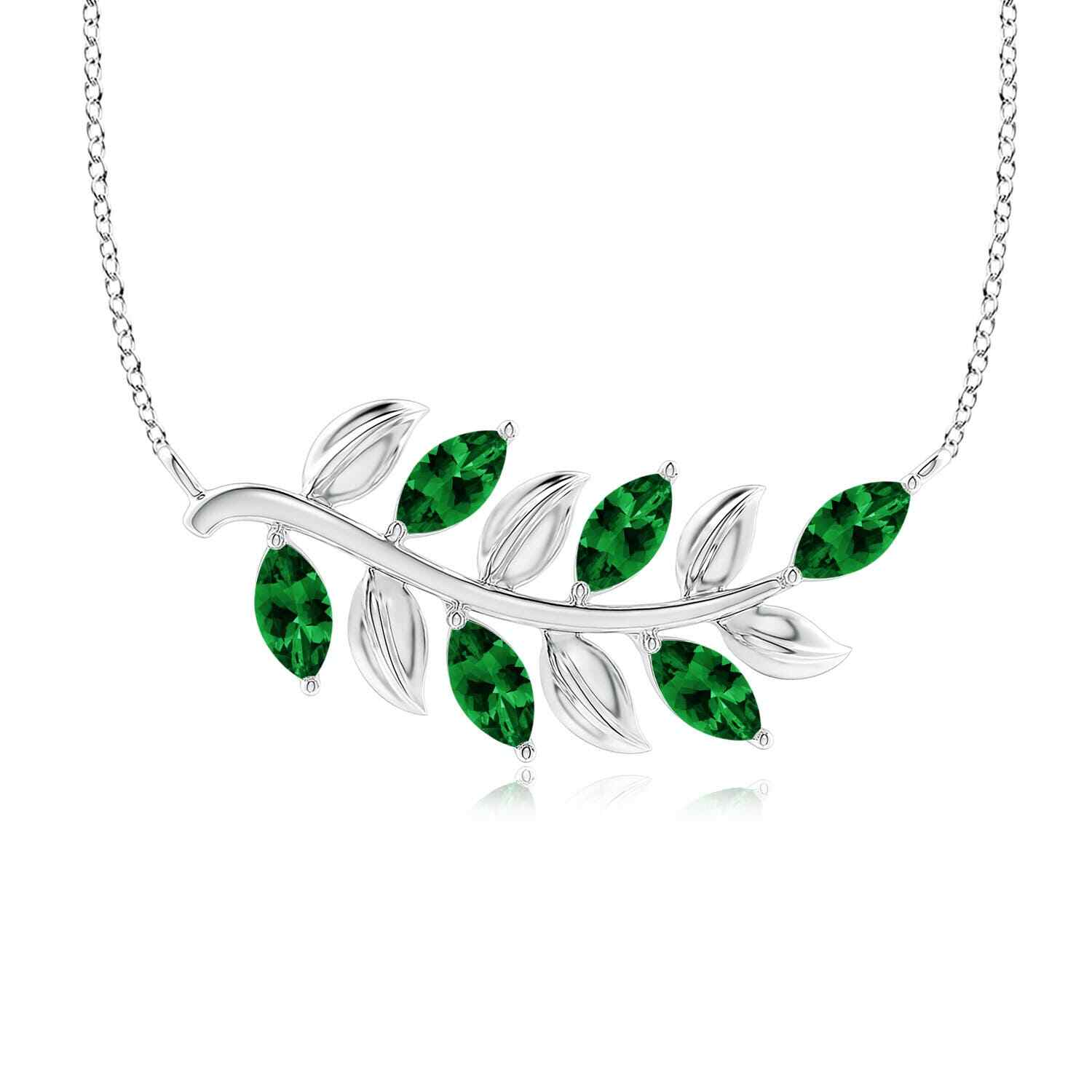 ANGARA 0.78 Ct Marquise Emerald Olive Branch Pendant Necklace in 14K Solid Gold