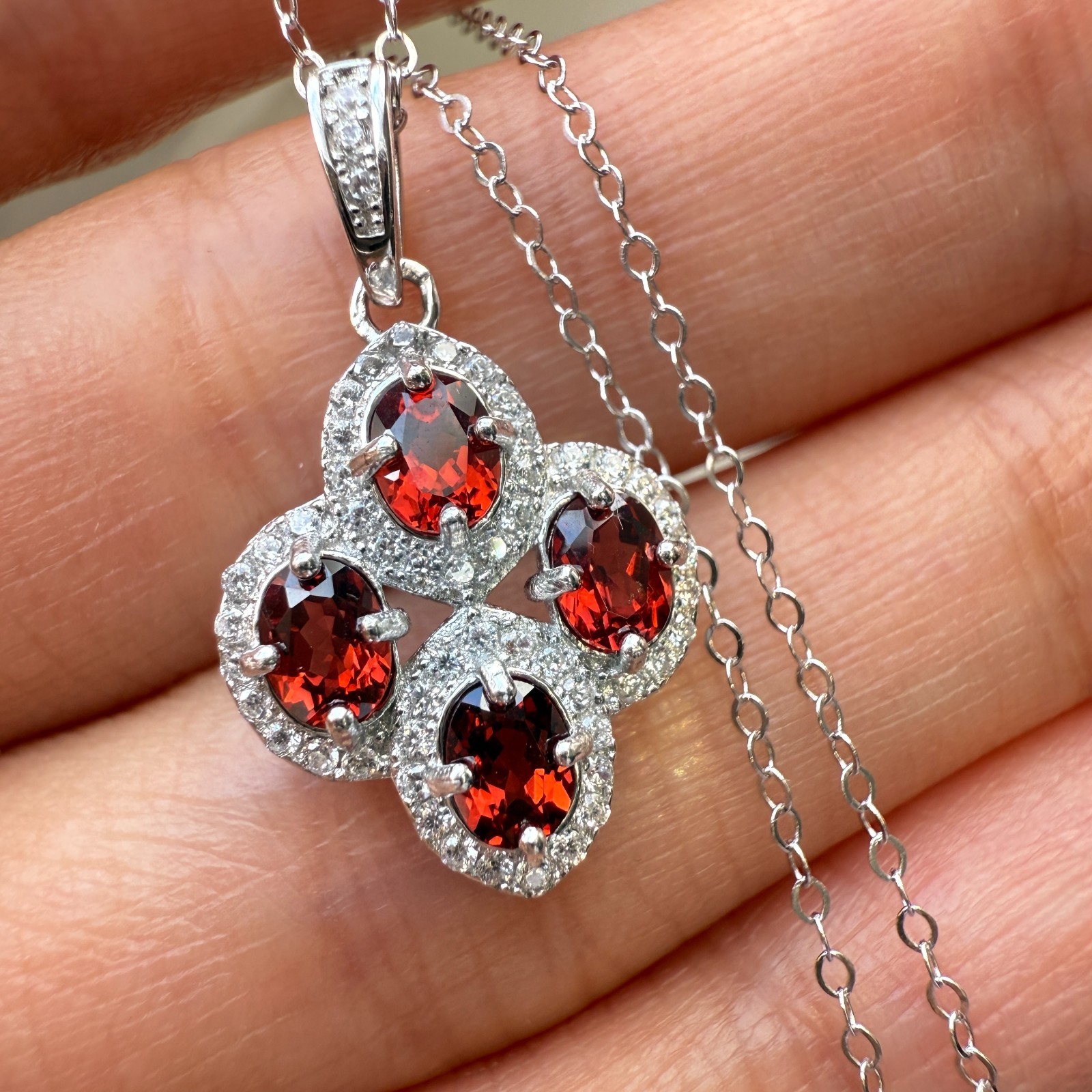 925 Sterling Silver Necklace 4x3mm Natural Garnet Gemstone Zircon Flower Chain