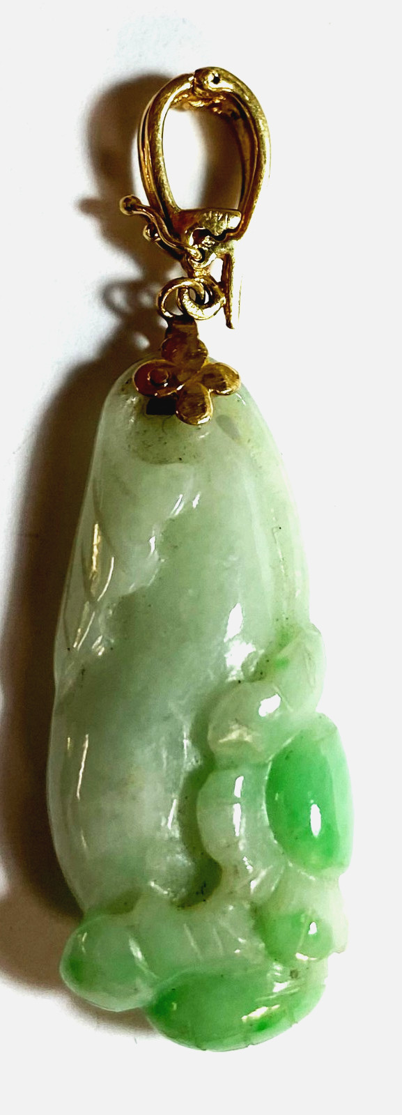 Carved Green Jade Teardrop Pendant 14k Hinged Clasp 54x17mm