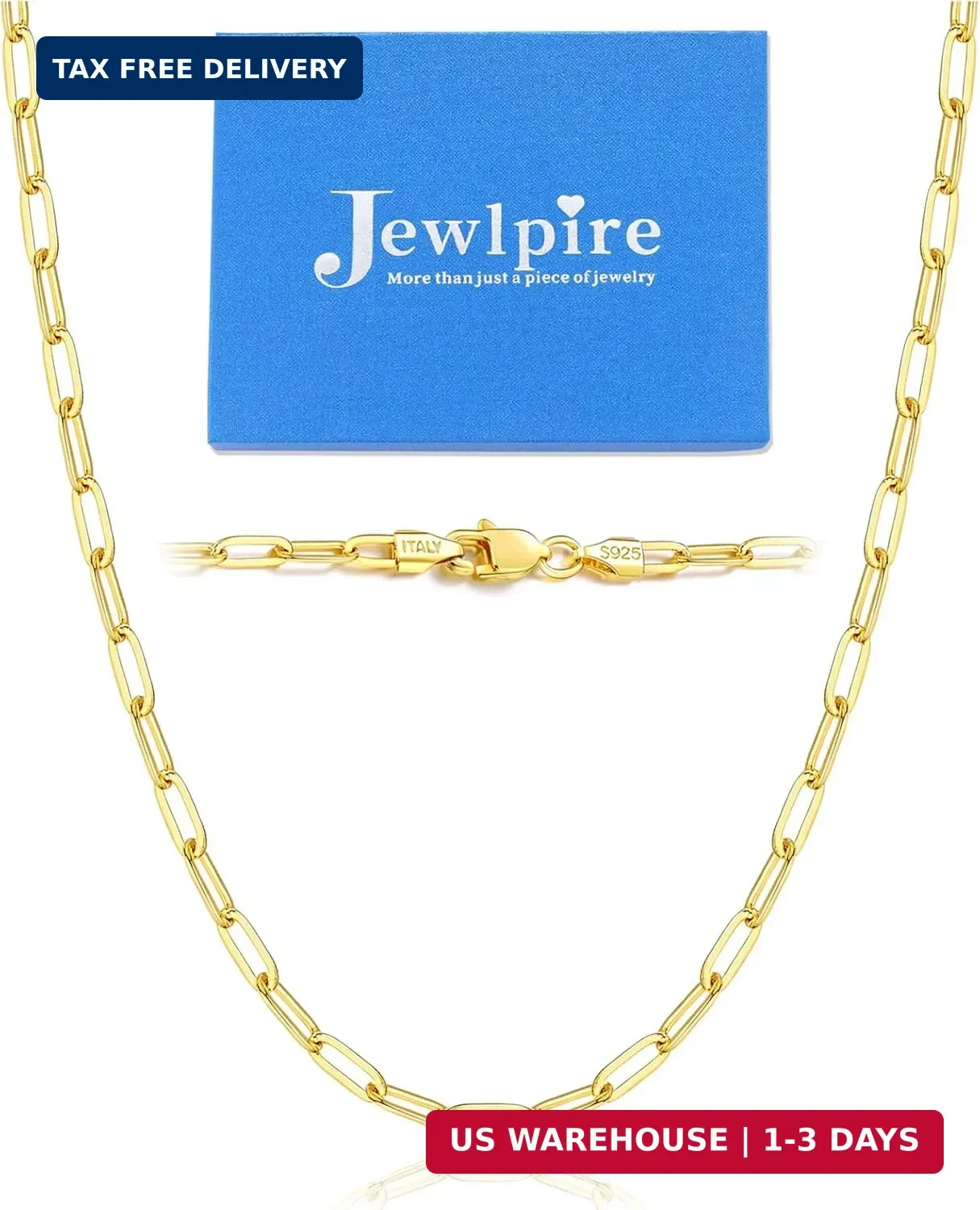 Jewlpire 14K Gold Plated 925 Sterling Silver Paperclip Chain Necklace for Women,