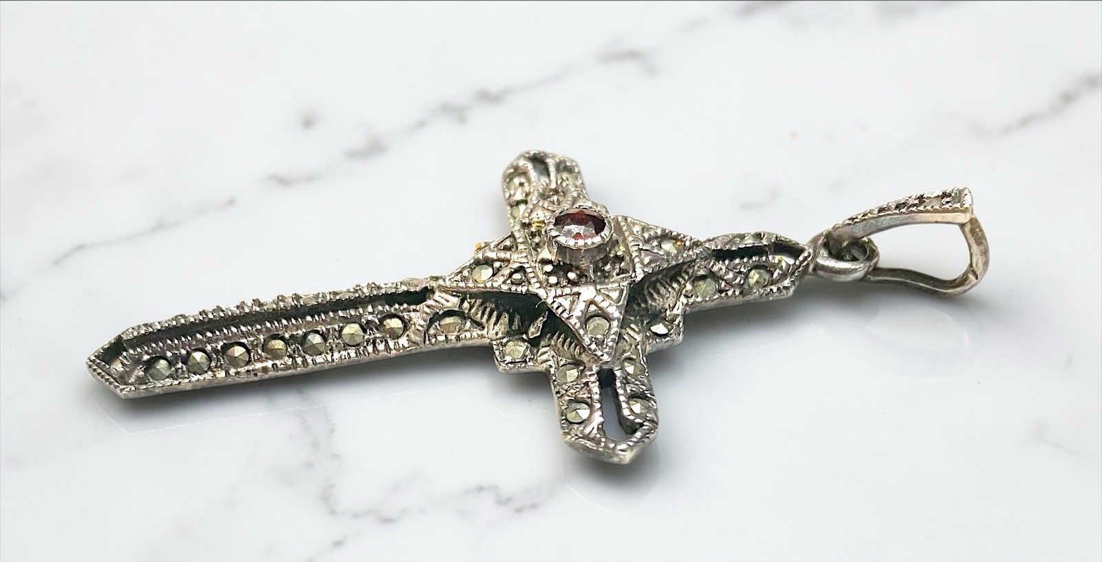 VTG Thai 925 Sterling Silver Red Stone MARCASITE Cross Pendant Gothic Art Deco