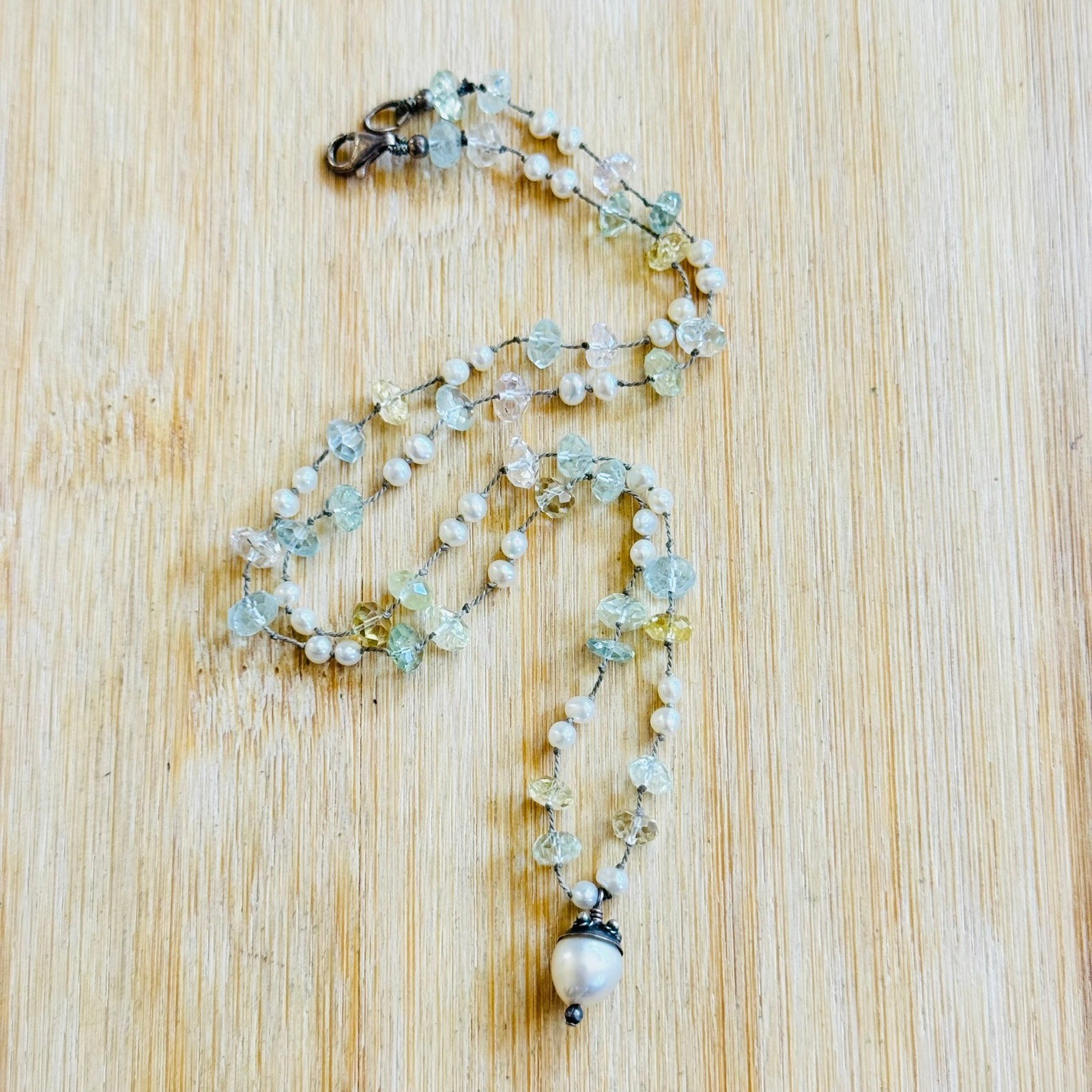VTG Freshwater Pearl Beaded Choker AquaMarine 90s Necklace Sterling SIlver 925