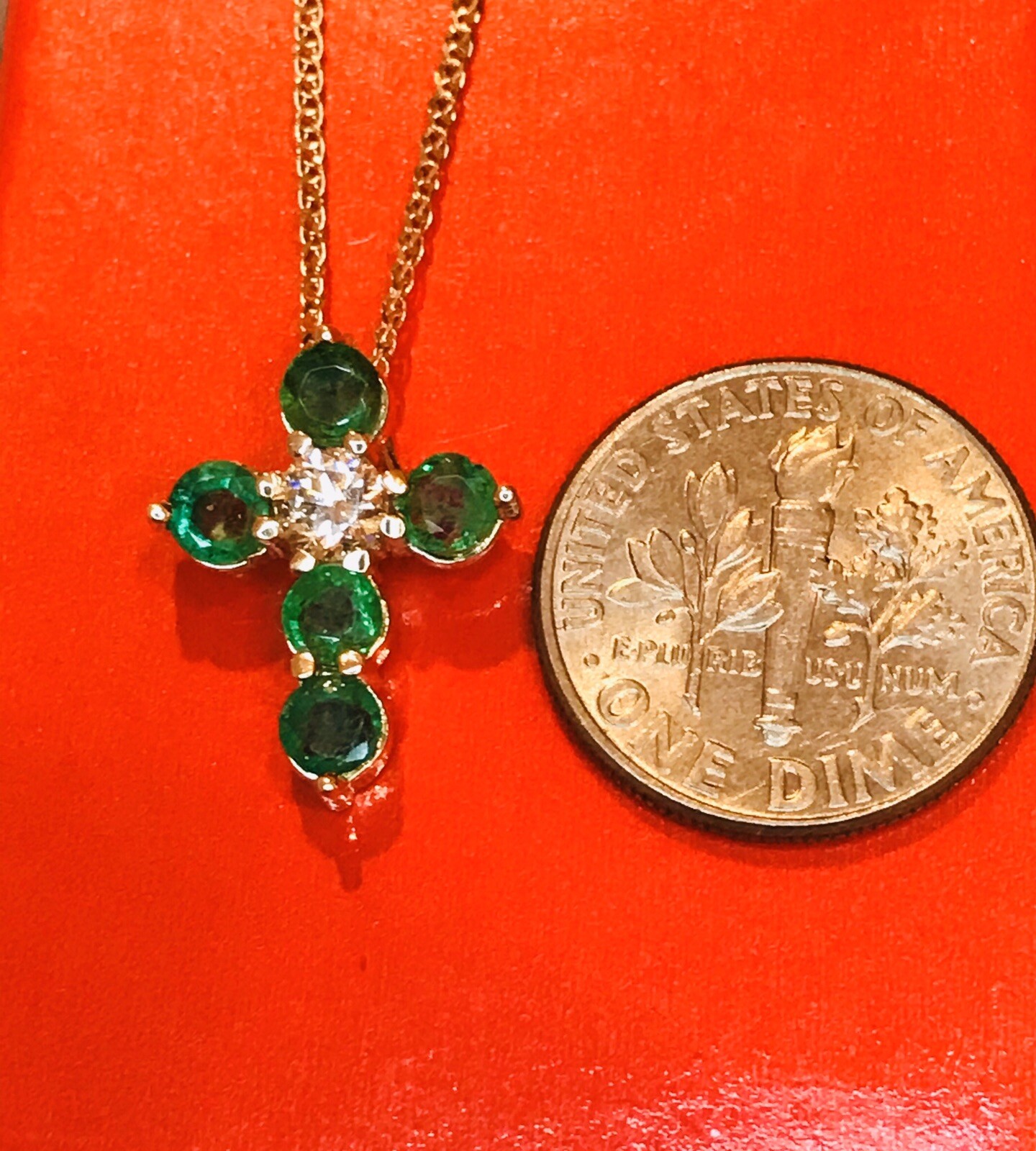 14k Solid Yellow gold Natural Emerald & Diamond Pendant May Birthstone Cross