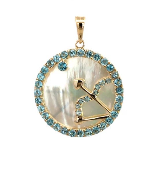 Sagittarius Zodiac 925 Sterling Silver Pendant, Blue Topaz Mother of Pearl Charm