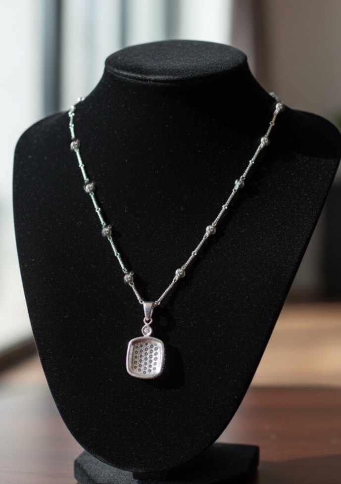 ADI Sterling Silver CZ Dog Tag Pendant with Twisted Bar Link Station 18” L Chain
