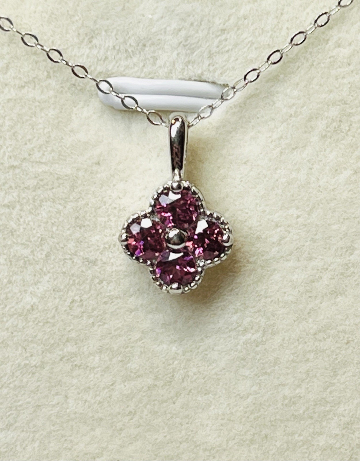 Real 925 Sterling Silver Natural Rhodolite Purple Garnet Clover Pendant Necklace