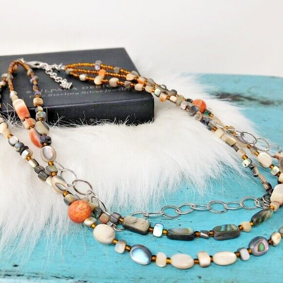 Silpada Fiesta Fun Sterling Silver Coral Abalone Layered 925 Necklace N1563