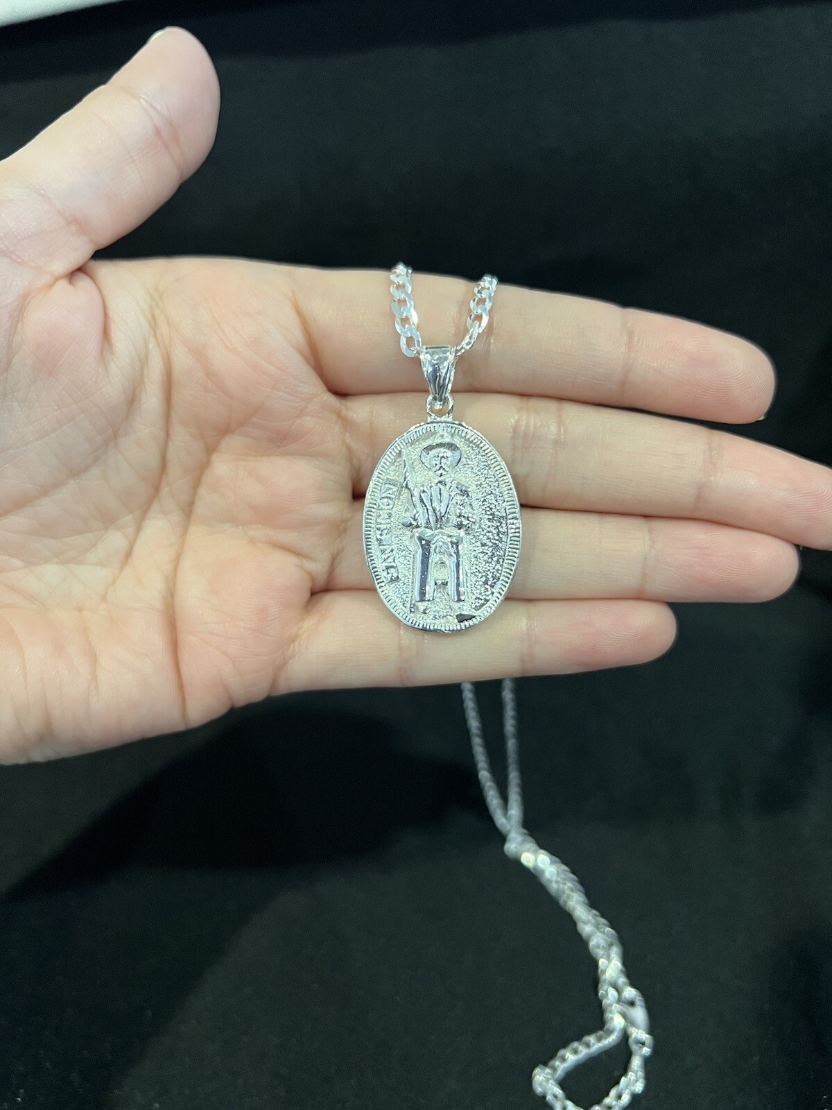925 Sterling Silver Men Women SAN SIMON FOLK SAINT Pendant & Curb Chain 20 26 30