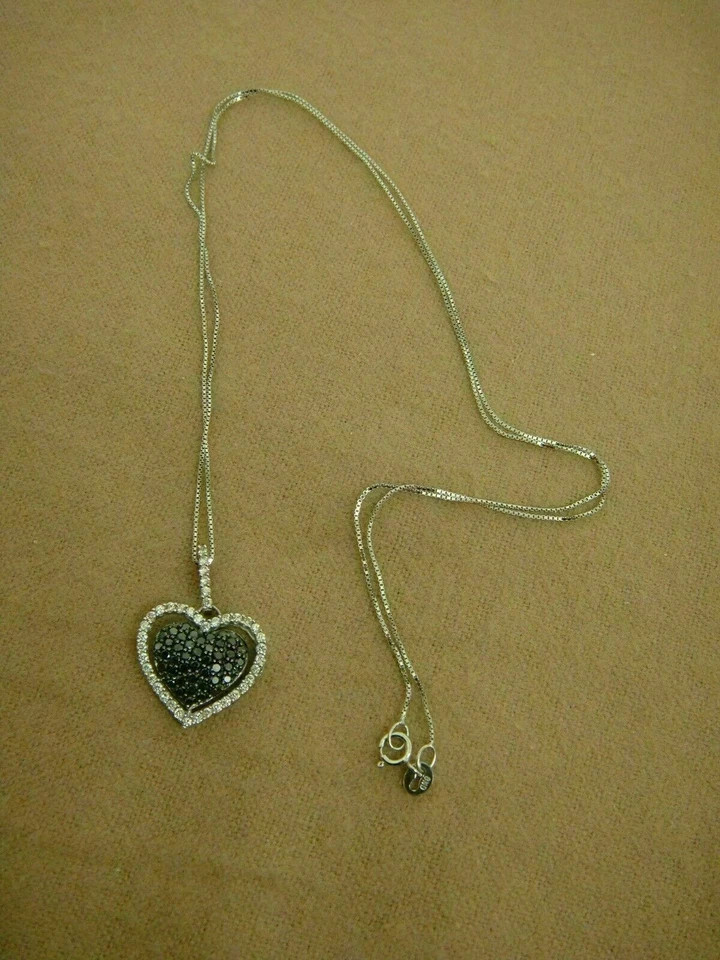 1.15 Ct Round & Black Cut Diamond Heart Pendant 14K White Gold Finish