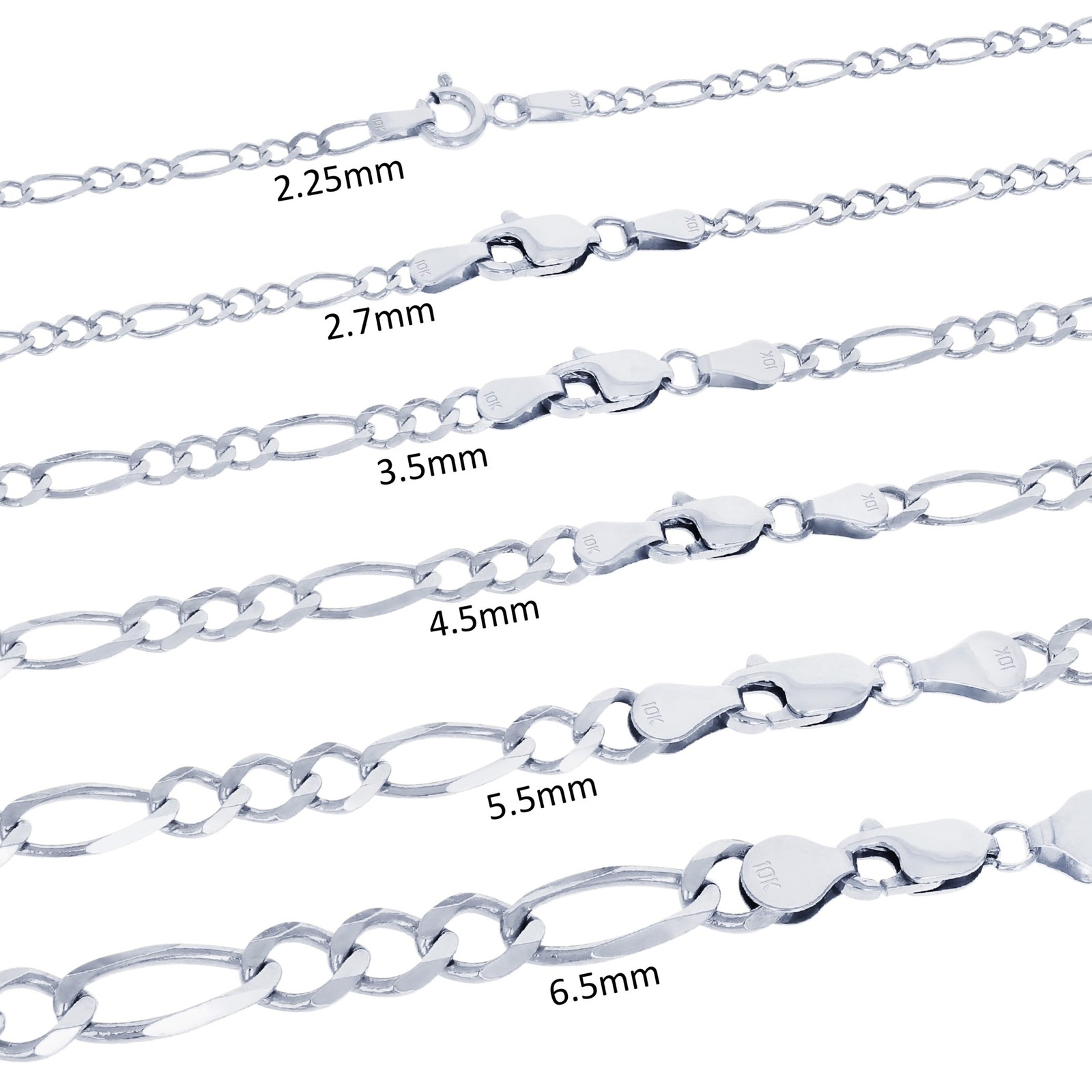 10K White Gold Solid 2.25mm-6.5mm Figaro Chain Necklace Mens Womens 16″- 30″