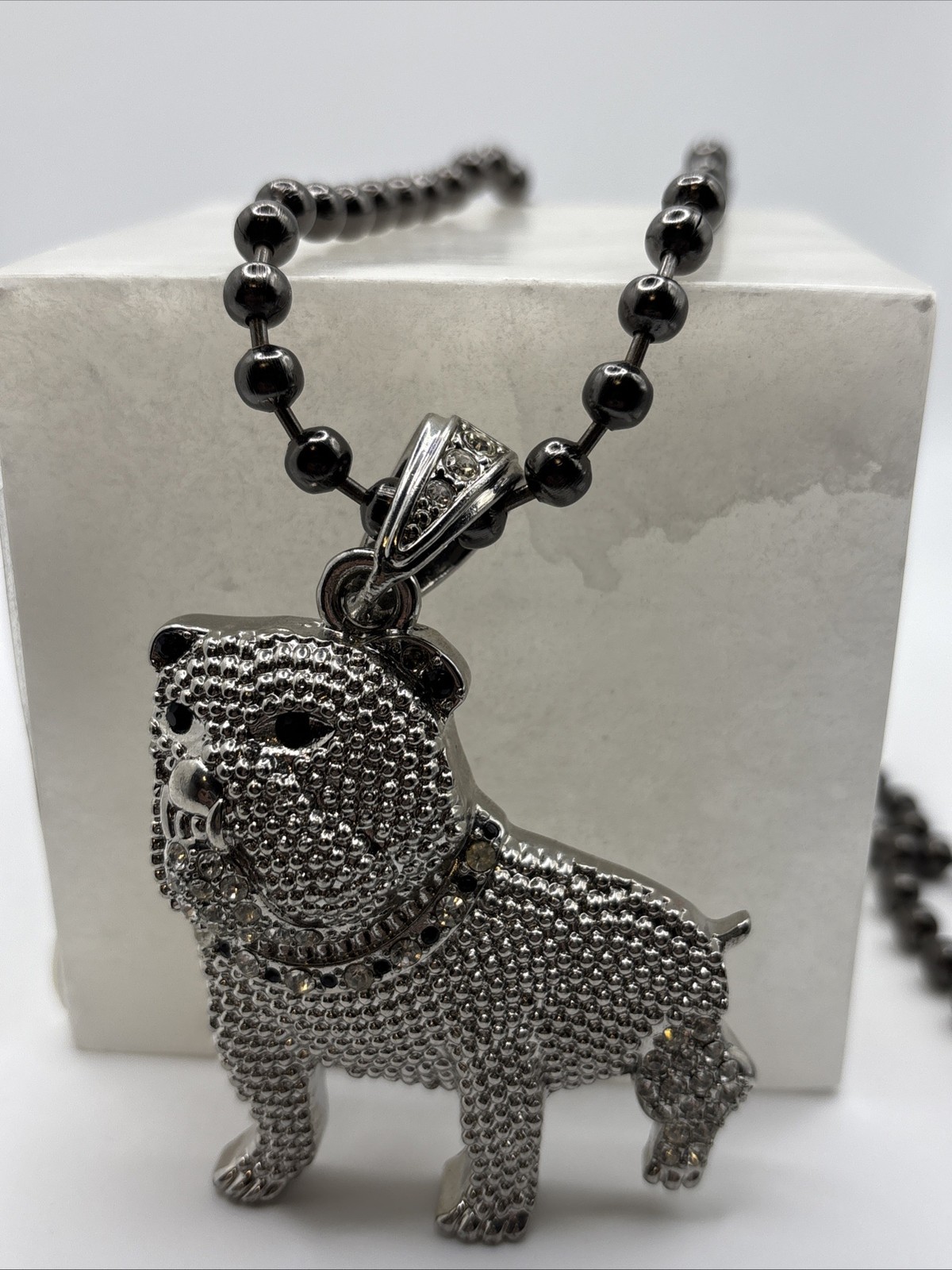LAB Diamond Stone Silver BULLDOG Pendant Hip Hop bling W/thick Chain NEW 2”x2”