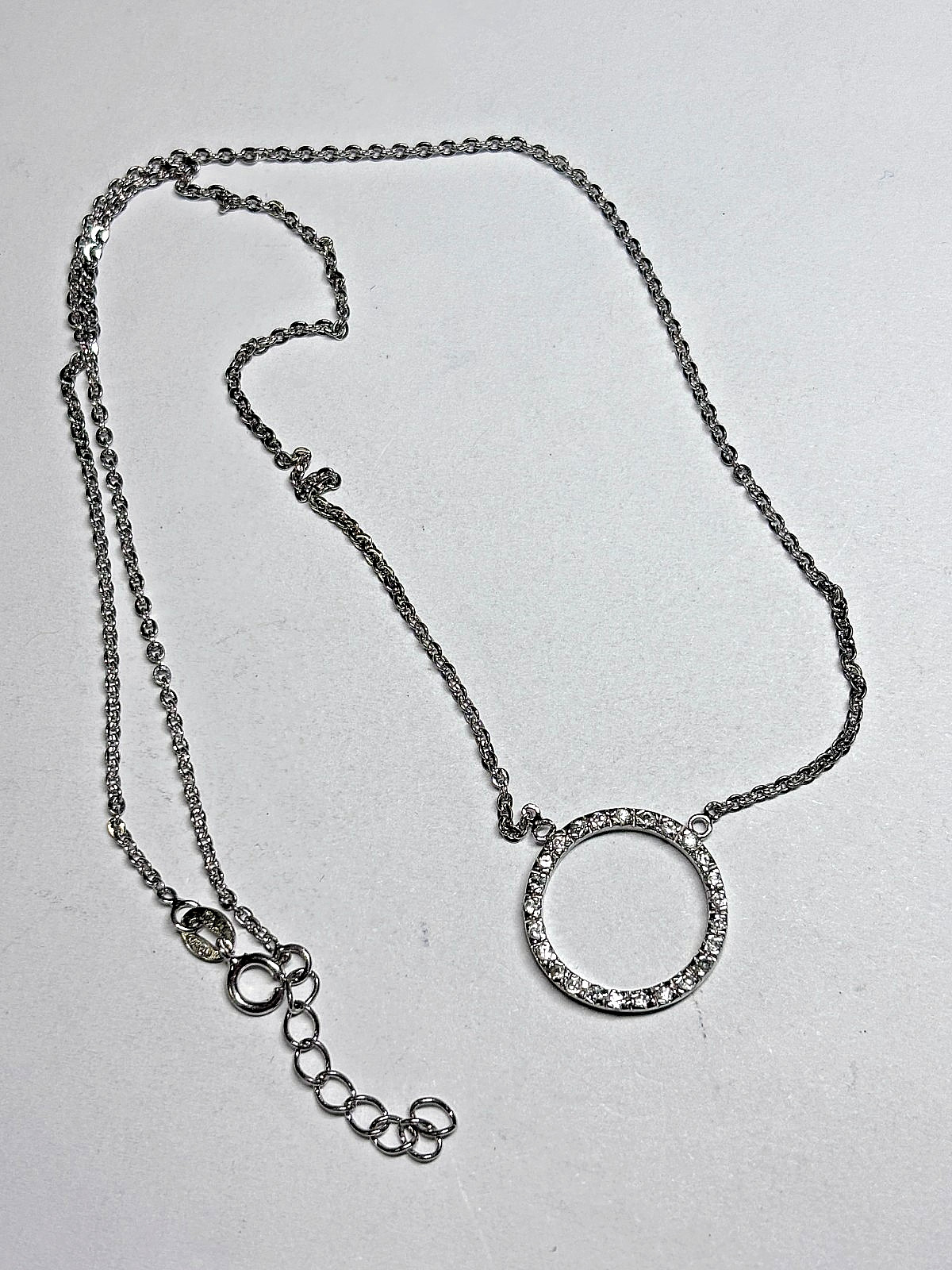 Sterling Silver Pave Diamonds Circle Pendant Chain Necklace 3.3g 17in