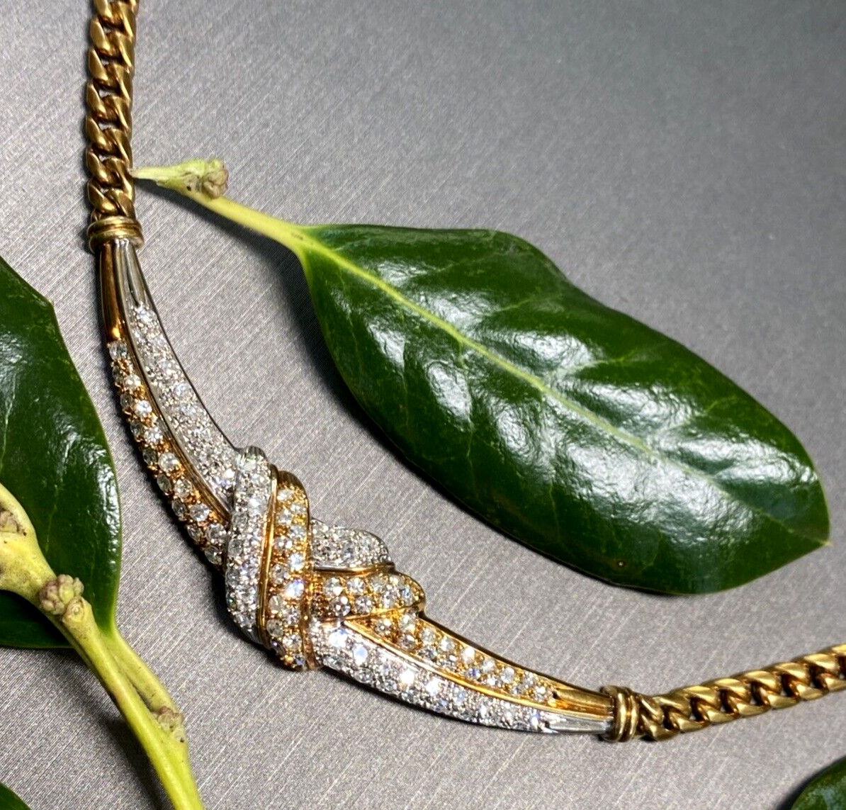 18K Yellow White Gold Diamond Love Knot X Crescent Vintage Cuban Chain Necklace