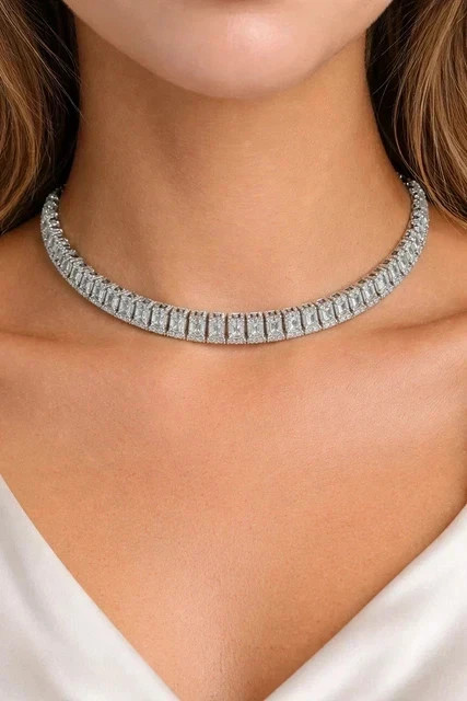 7CT Emerald Cut Lab Created Diamond Women Tennis Necklace 14k White Gold Plated
