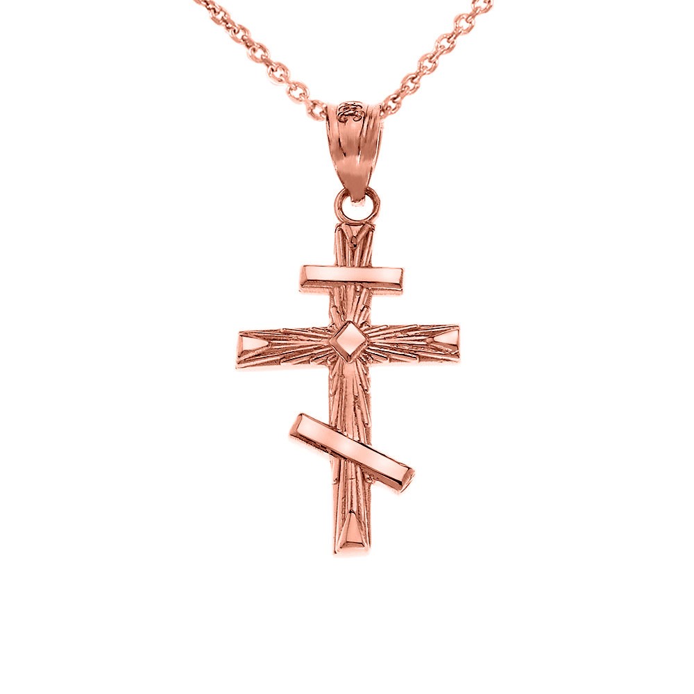 Solid Gold Russian Orthodox Cross Pendant Necklace ( Yellow/Rose/White Gold)