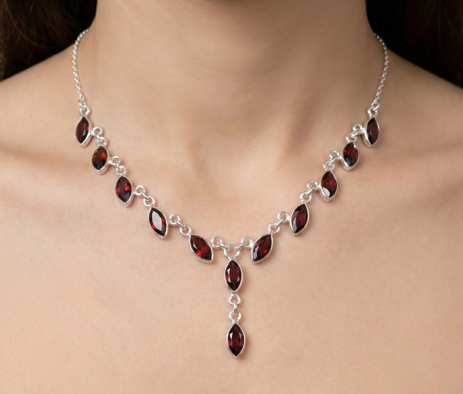 Red Garnet Gemstone Handmade 925 Sterling Silver Jewelry Necklace Size-22″