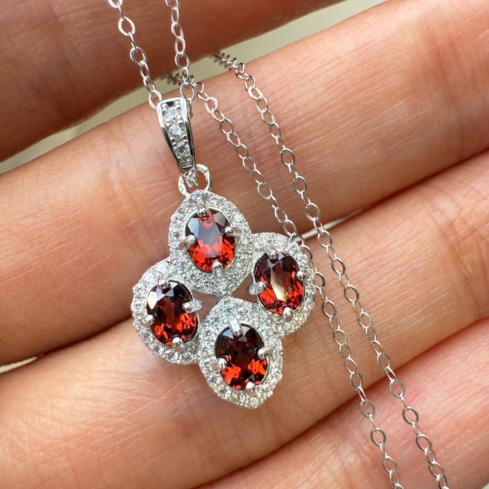 925 Sterling Silver Necklace 4x3mm Natural Garnet Gemstone Zircon Flower Chain
