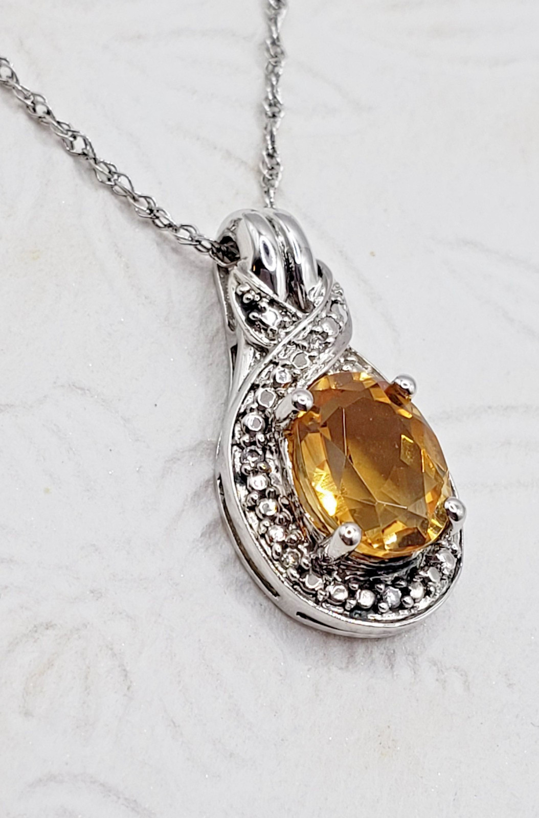Yellow Oval Citrine & CZ Halo Pave Pendant Necklace 18″ Sterling Silver 925