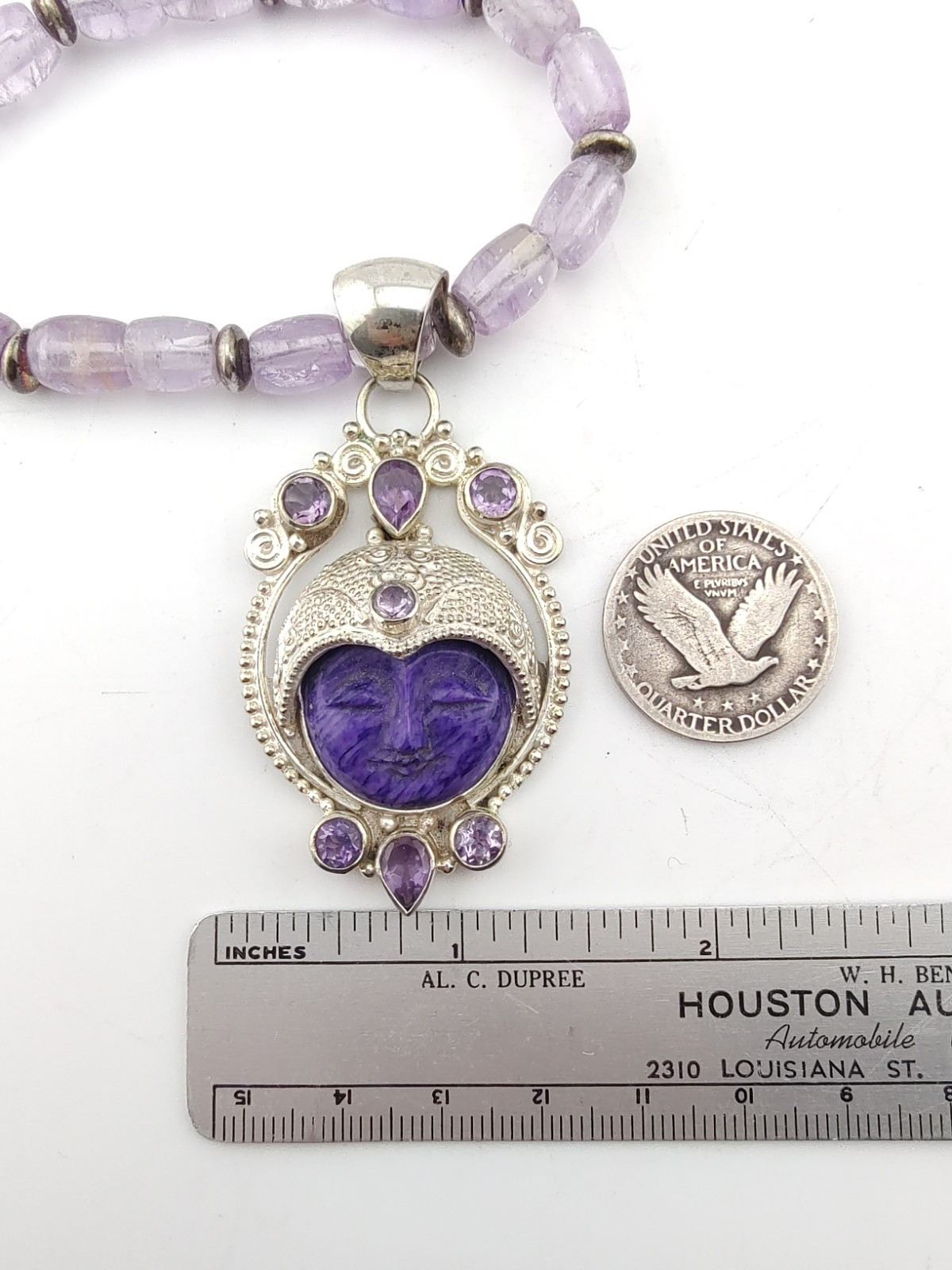 Charoite Amethyst Bead Sterl Silver Purple Goddess Gemstone Pendant Necklace 20″