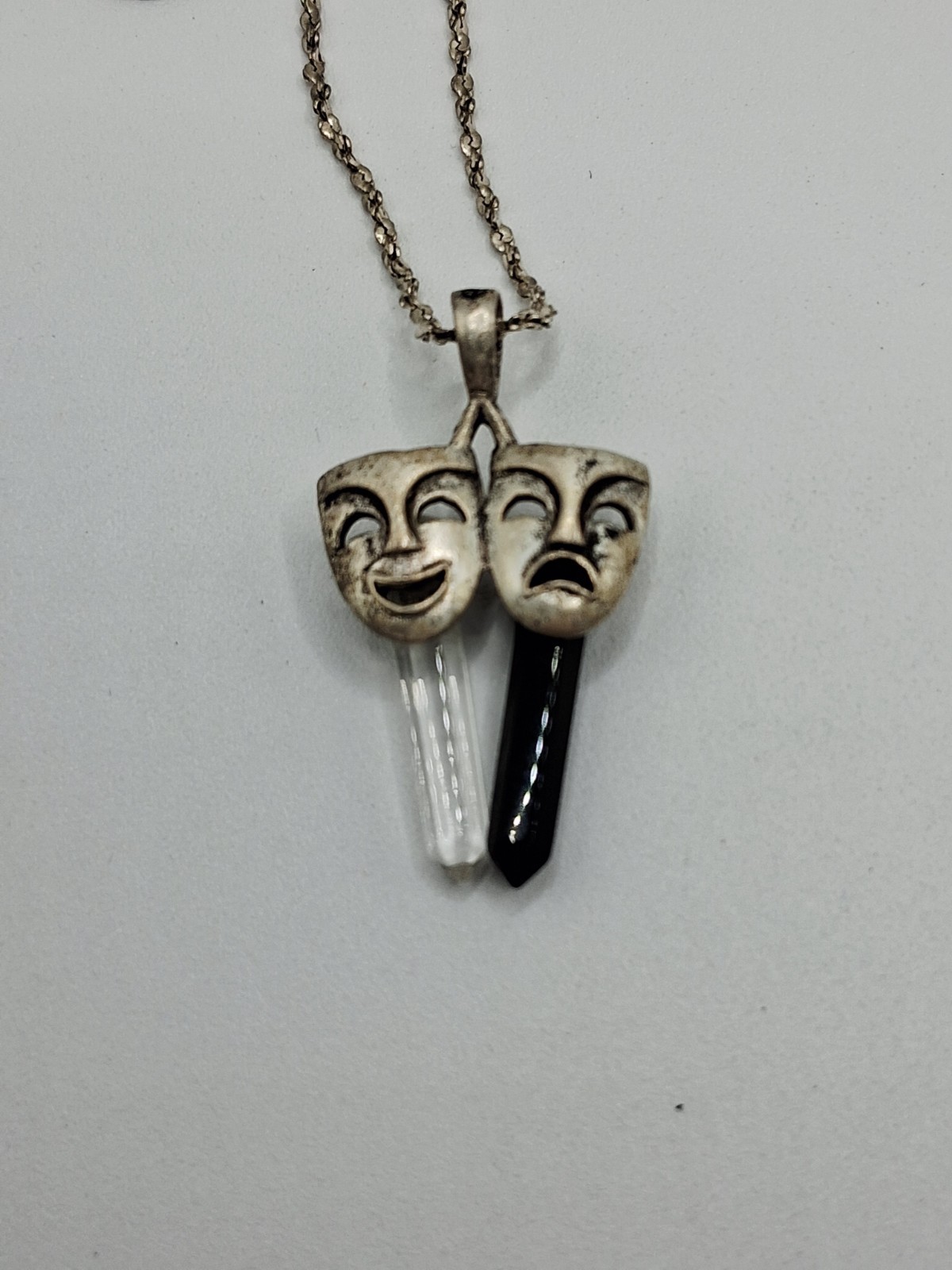 Sterling Silver Crystal Comedy Tragedy Drama Mask Pendant On Long 30″ 925 Chain