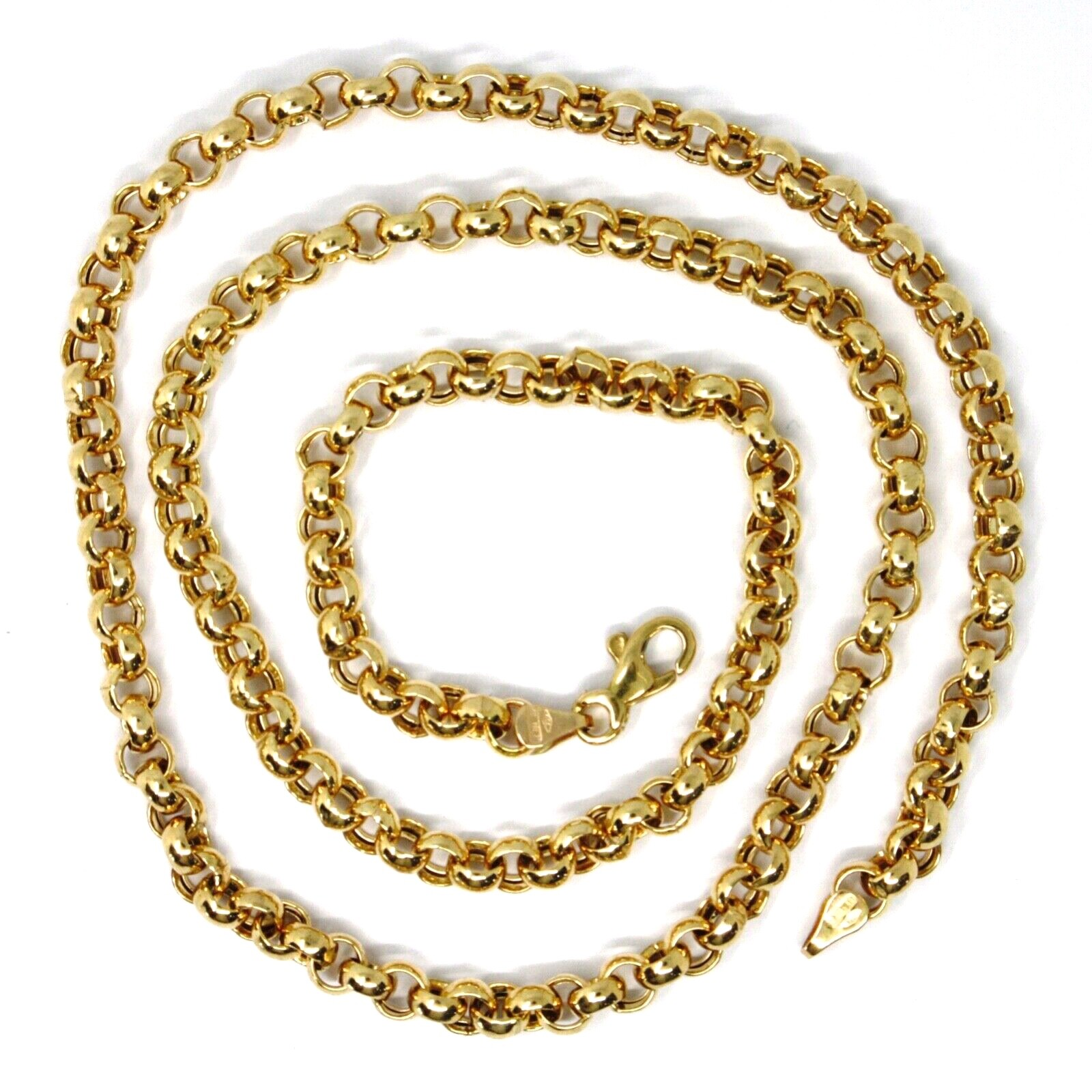 18K YELLOW GOLD CHAIN 17.70″ INCHES 45cm, BIG ROUND CIRCLE ROLO THICK 4 MM LINK