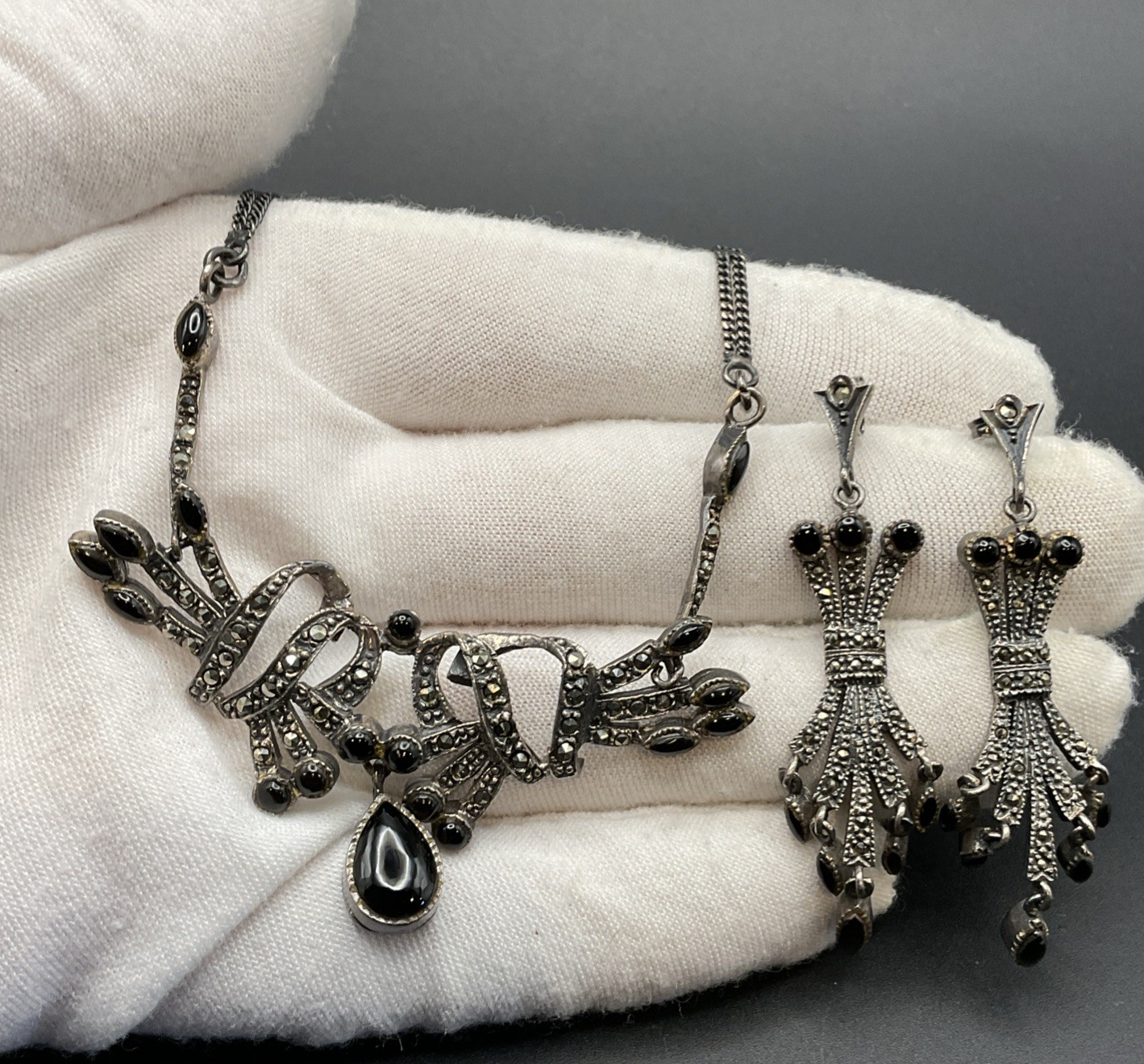 VTG Art Deco Marcasite Black Onyx Sterling Silver Necklace & Earrings