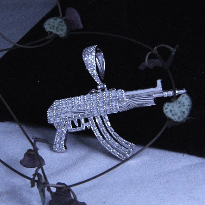 Sterling Silver 925 Iced Out AK-47 Rifle Pendant Baguette CZ Hip Hop Jewelry