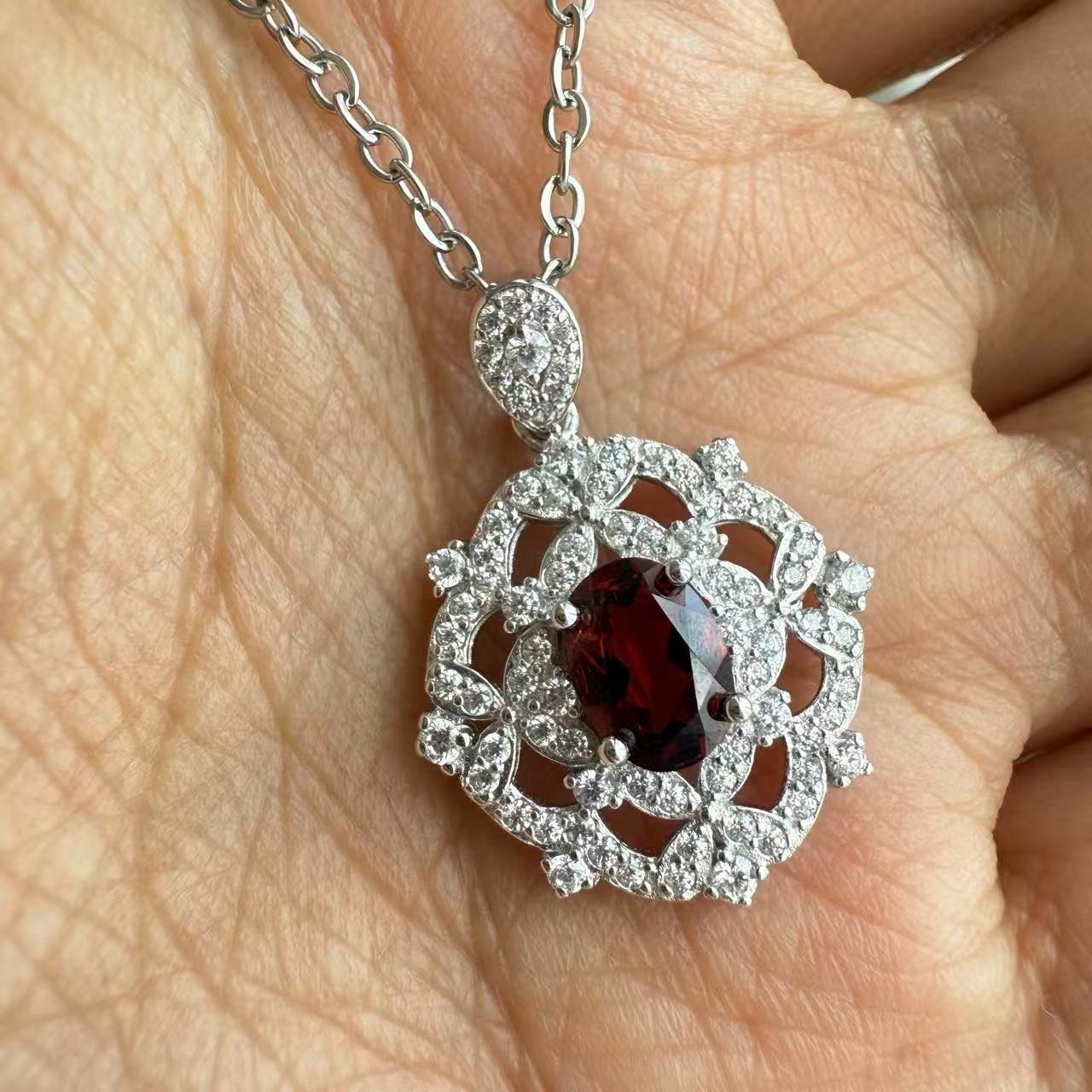 925 Sterling Silver Necklace 7x5mm Natural Garnet Gemstone Zircon Handmade Gift