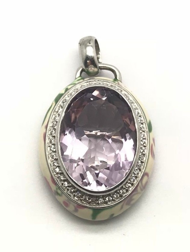 Sterling Silver Oval Faceted Purple Amethyst CZ Halo Cream Floral Enamel Pendant