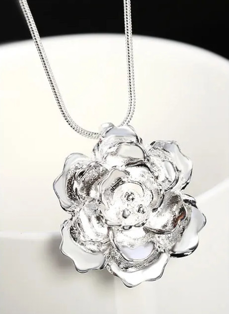 925 Sterling Silver Snake Chain Flower Pendant Necklace