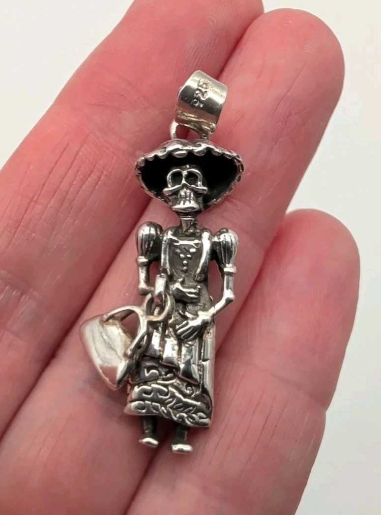 Catrina Day Of The Dead Sterling Silver Pendant w/ Dangle Purse Skeleton Skull