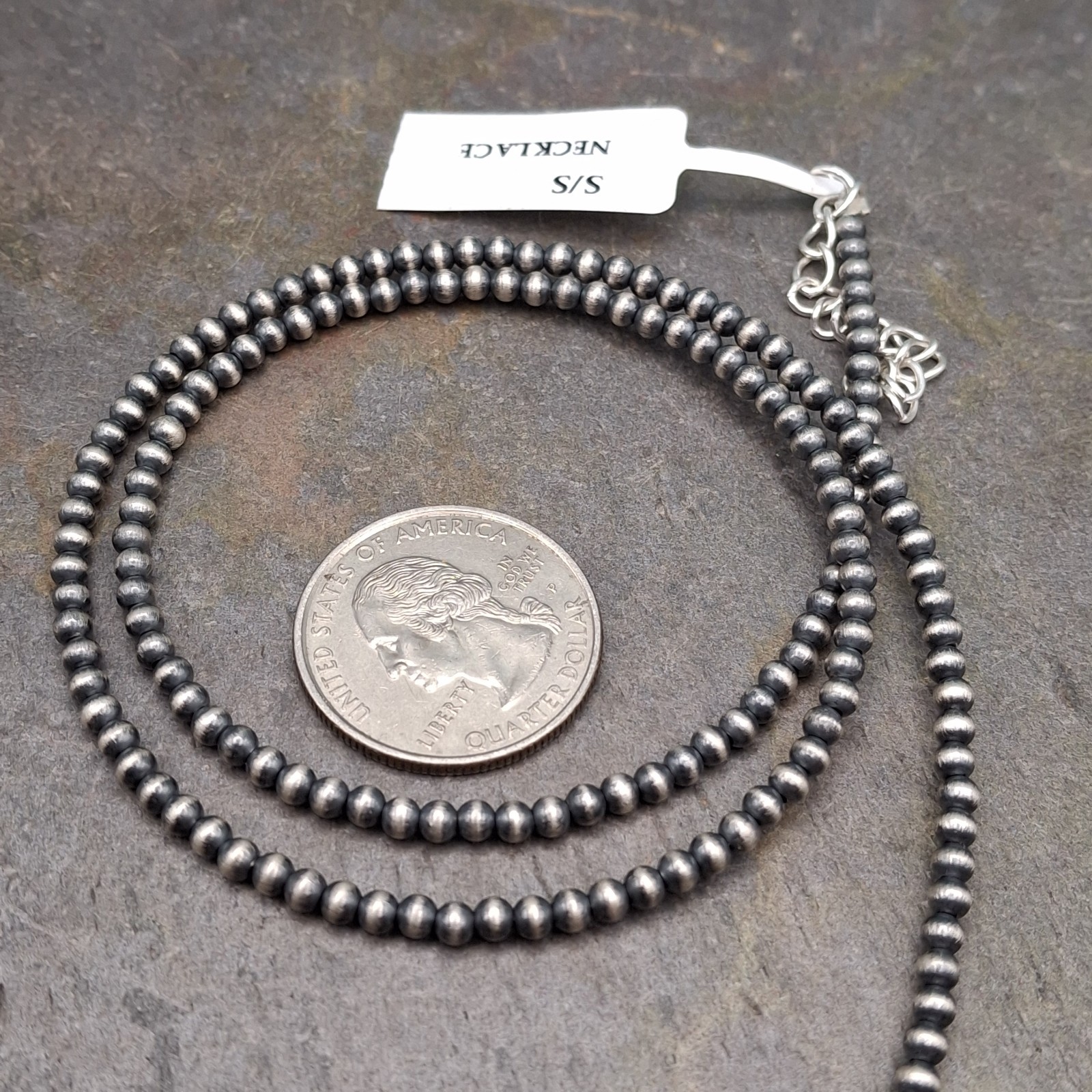 3mm Sterling Silver Navajo/Desert Pearl Necklace 18-20″ USA Made Hand Strung
