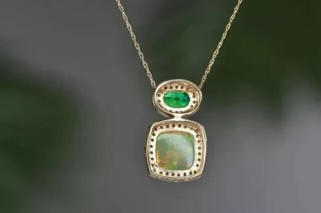 3.00Ctw Cushion Cut Lab-Created Fire Opal Emerald Pendant 14k Yellow Gold Plated