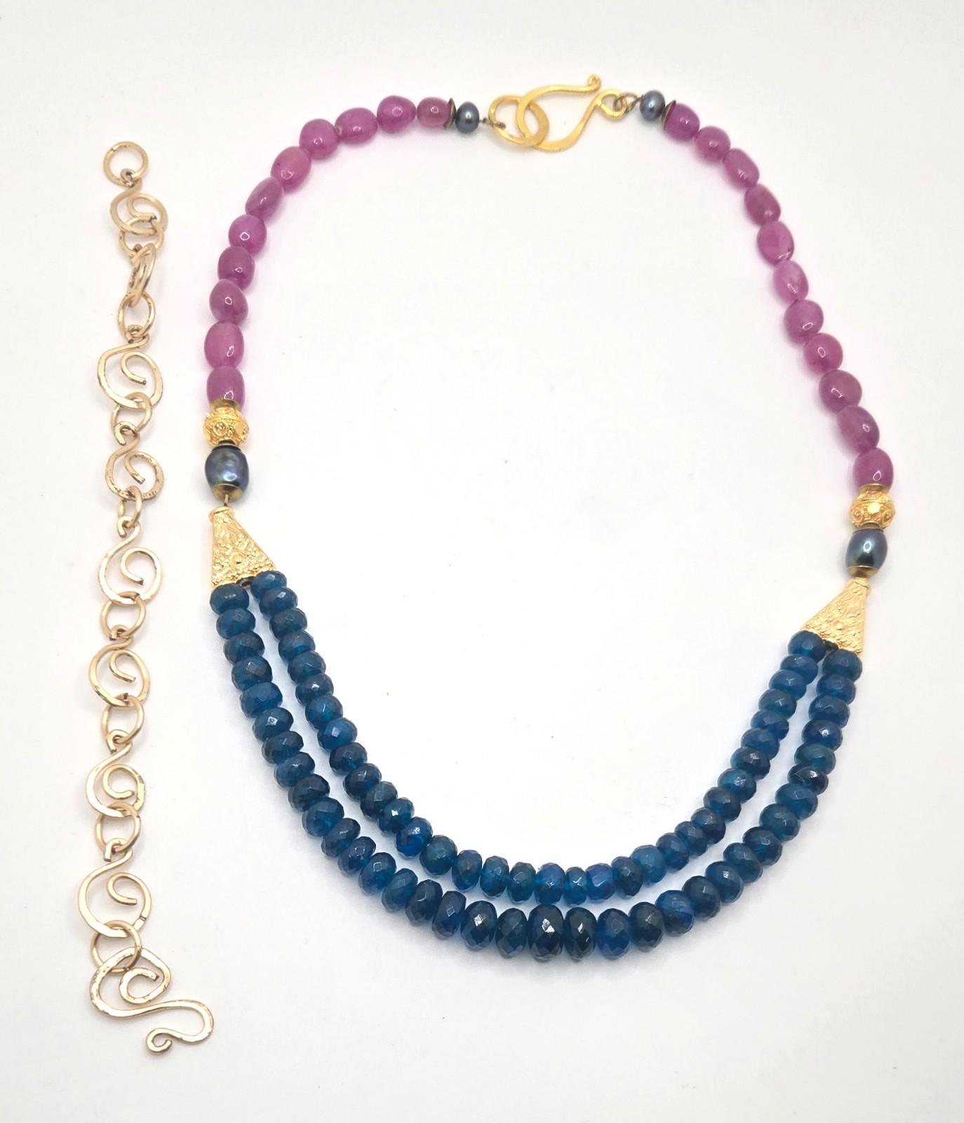 Blue Apatite & Pink Sapphire Necklace 18″ w Black Pearl Accents & Gold Extender