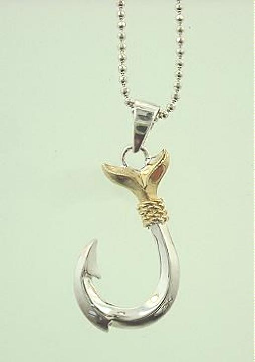 11MM 2-TONE YELLOW GOLD PLATED 925 SILVER REVERSIBLE HAWAIIAN FISH HOOK PENDANT
