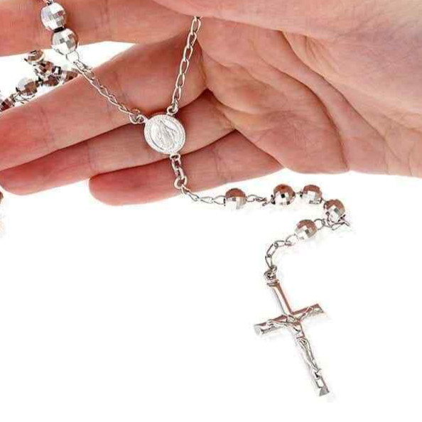 Sterling Silver 7mm Diamond-Cut Rosary Cross Chain Necklace 26″