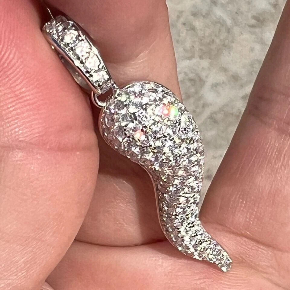 1.50Ct Round Real Natural Moissanite Italian Horn Pendant 14K White Gold Plated