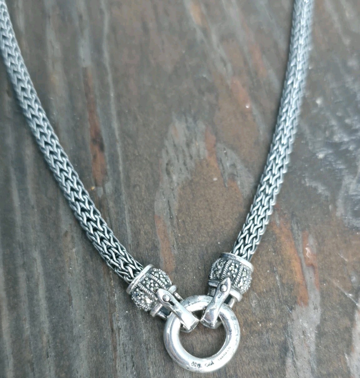 VTG CNA 925 Sterling Silver Marcasite Woven Wheat Chain Front Clasp Necklace 16″