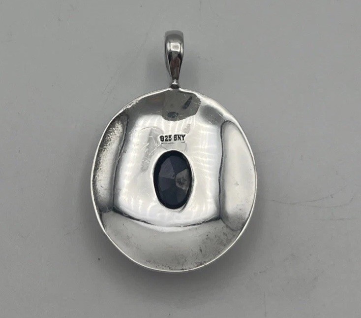 925 Sterling Dark Blue Sodalite Faceted Oval Statement Pendant 2.25” Signed BNY