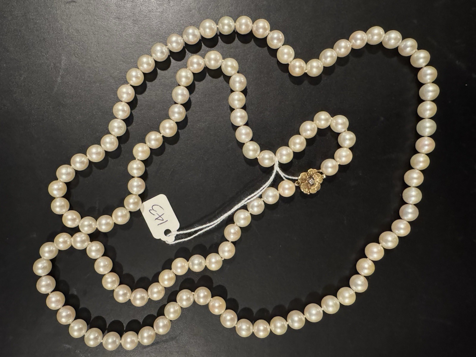 VTG 14K Gold Double Strand Akoya Pearl Necklace 8.5mm Matinee w/ Diamond Clasp