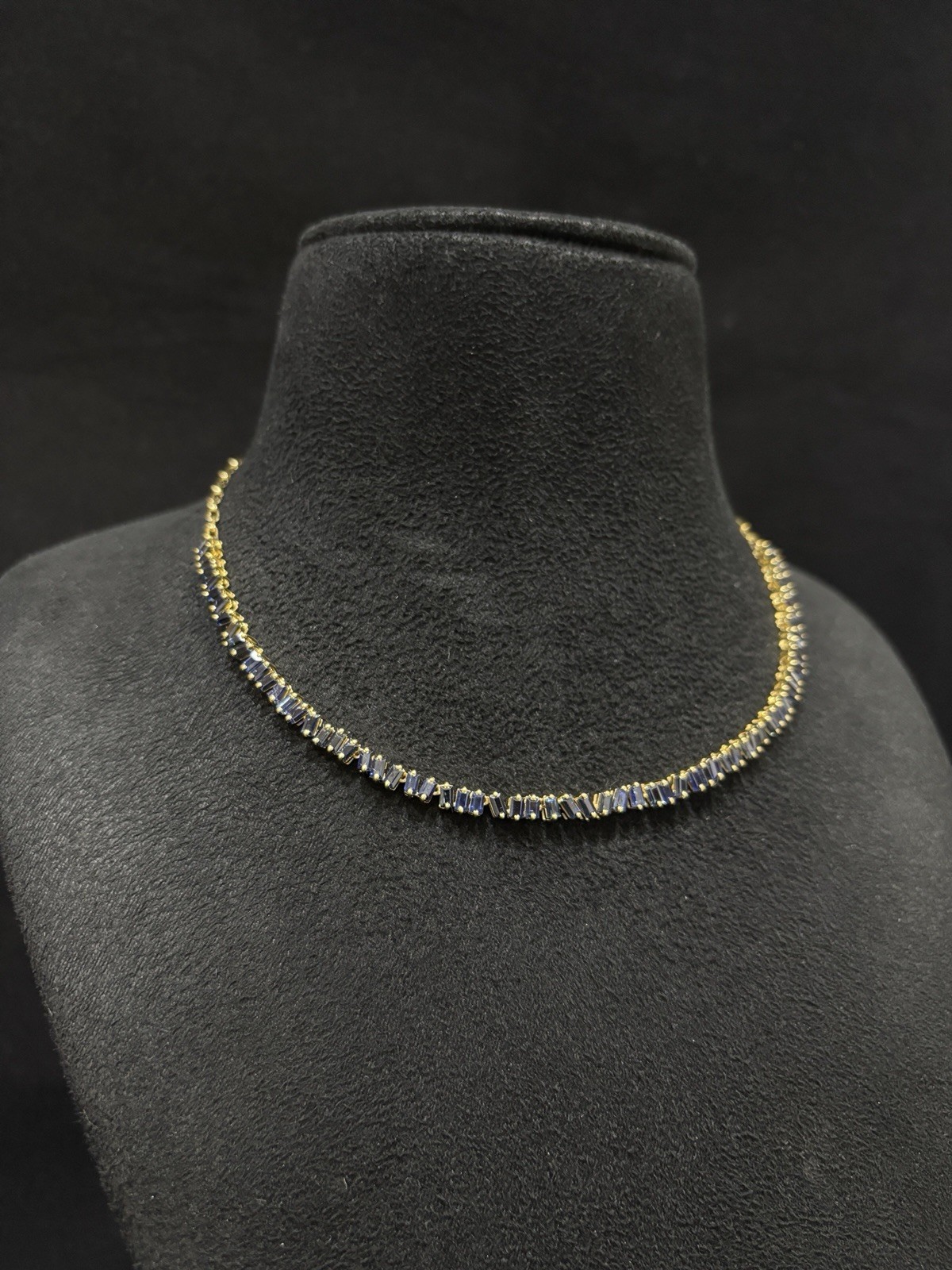 14k Yellow Gold Uneven Blue Sapphire Setting Baguette Cut Wedding Necklace Gift