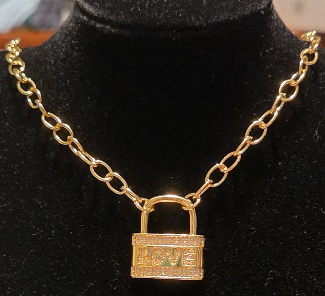 14k Yellow Gold Filled Chain Necklace with lock Pendant