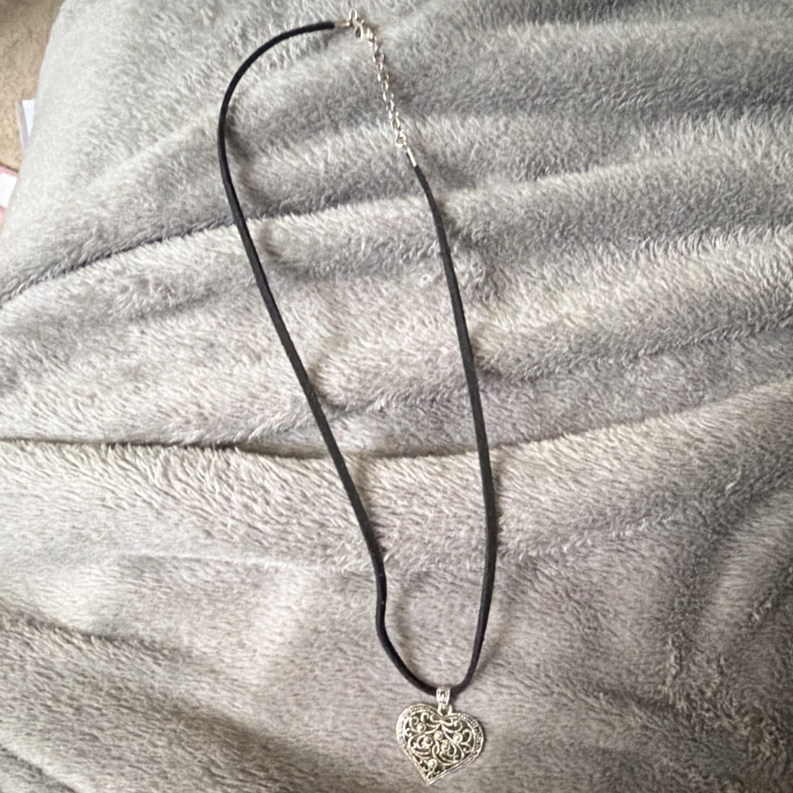 Sterling Silver 925 Heart Filigree Charm Pendant Necklace Black Cord Signed ATI