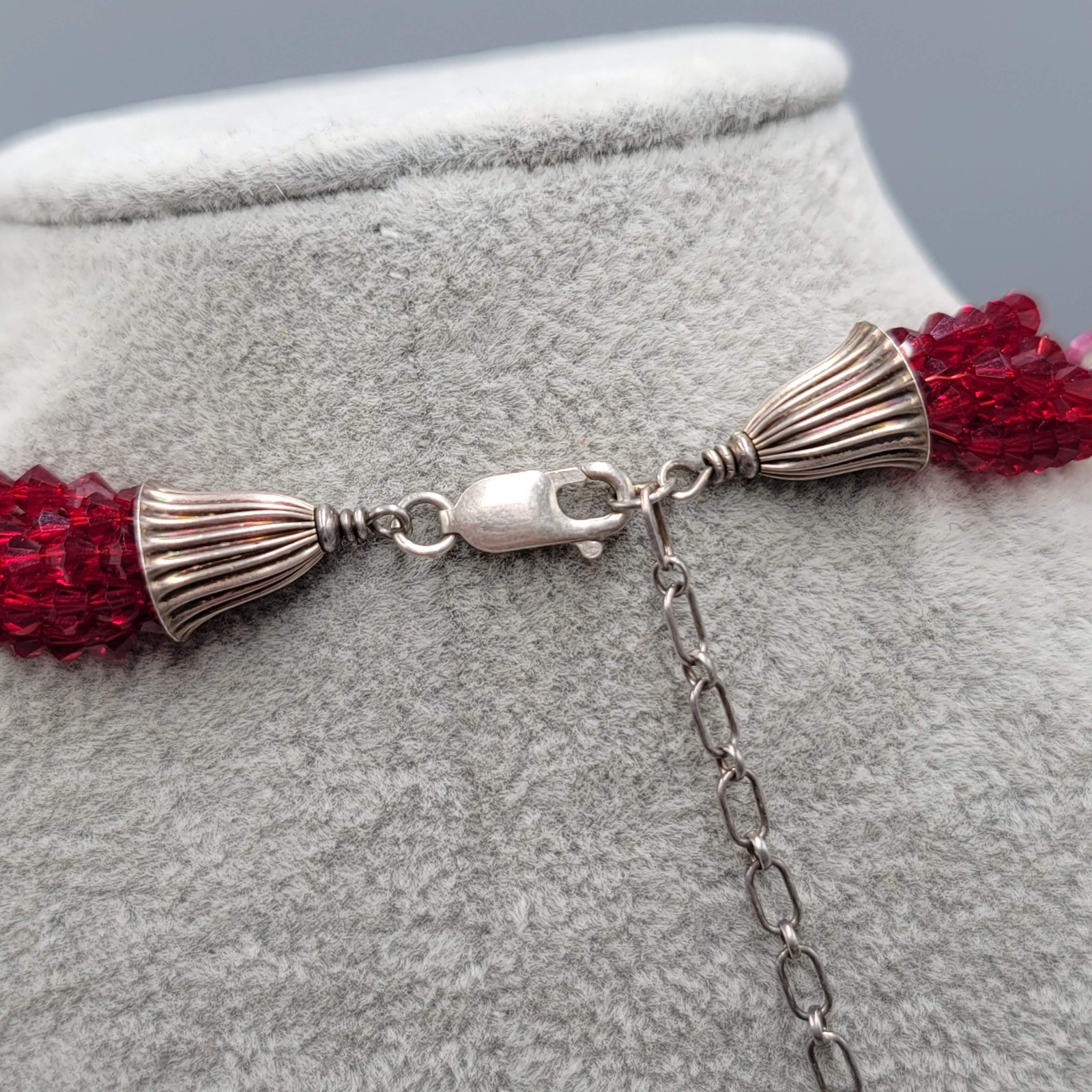 Sterling Silver Necklace 925 Red Glass Bead Layered Wire Multistrand 18″ adj