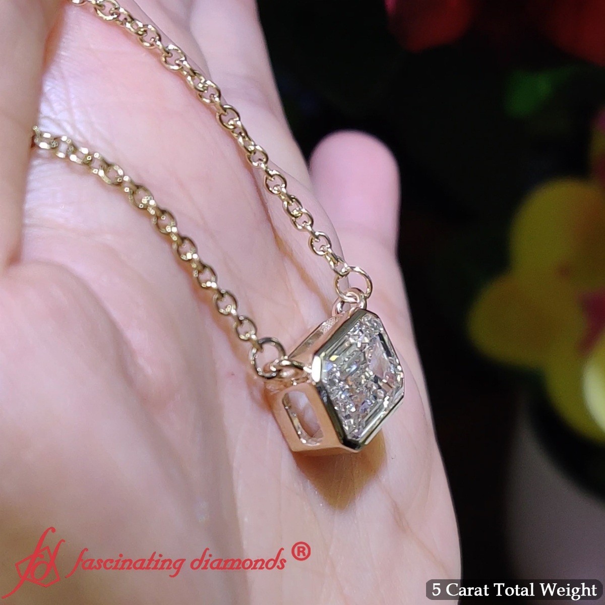 Emerald Cut Lab Grown Diamond Bezel Set Horizontal Solitaire Pendant 14K Gold