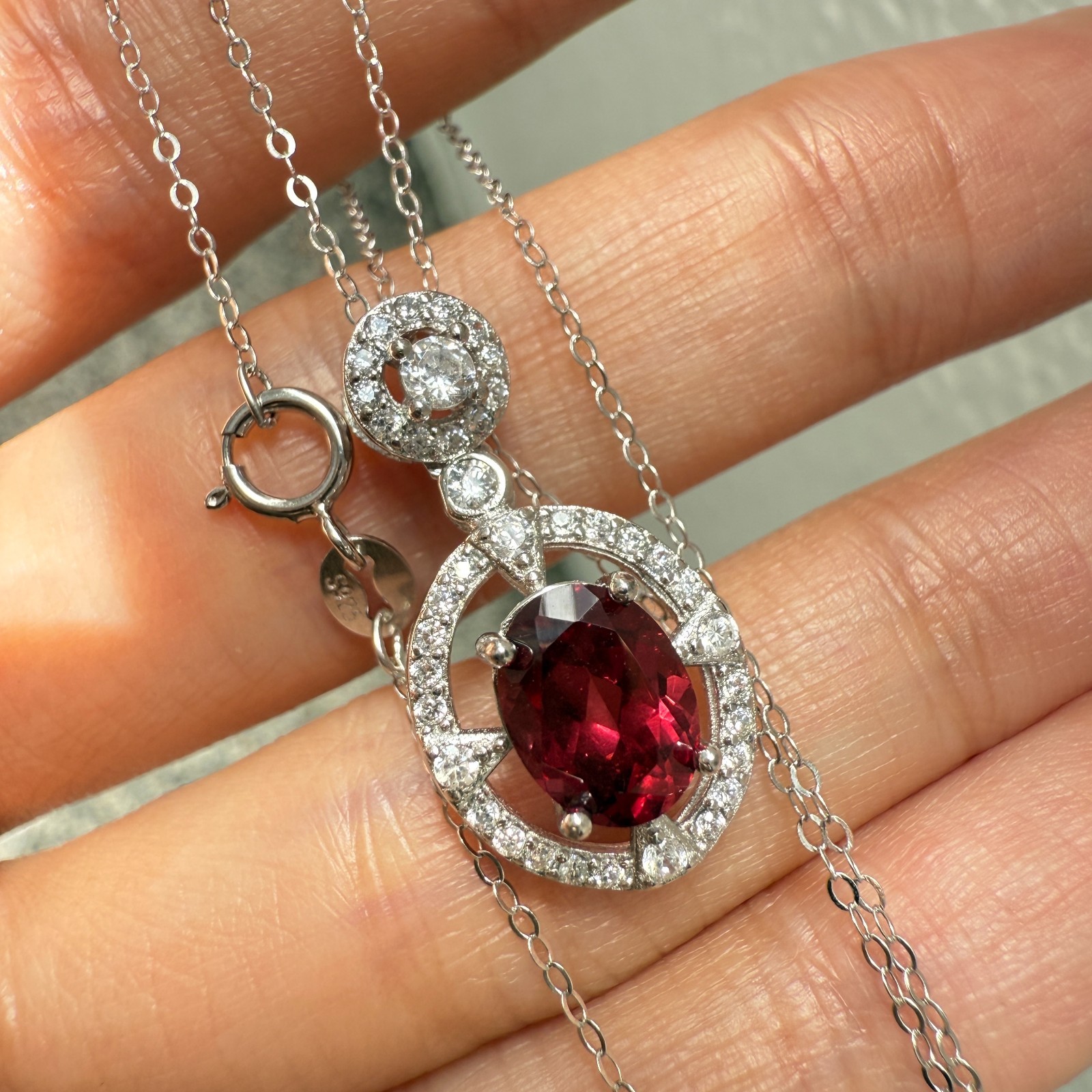 925 Sterling Silver Necklace 8x6mm Natural Garnet Zircon Flower Handmade Chain