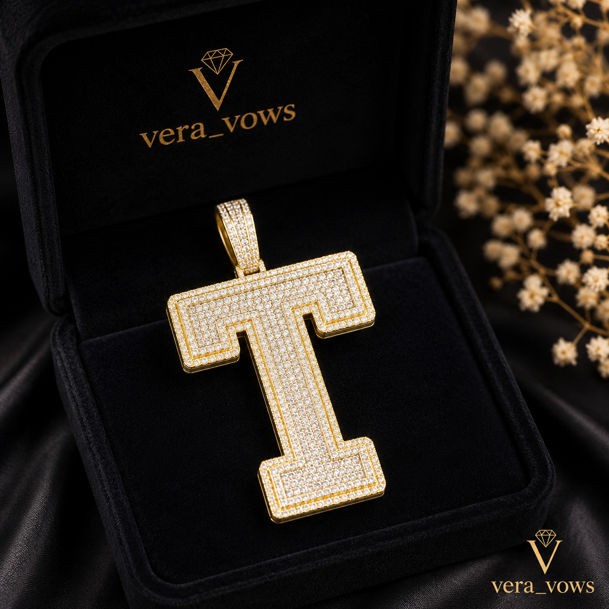 Lab-Created 14K Yellow Gold Plated Initial “T ” Letter Round Moissanite Pendant