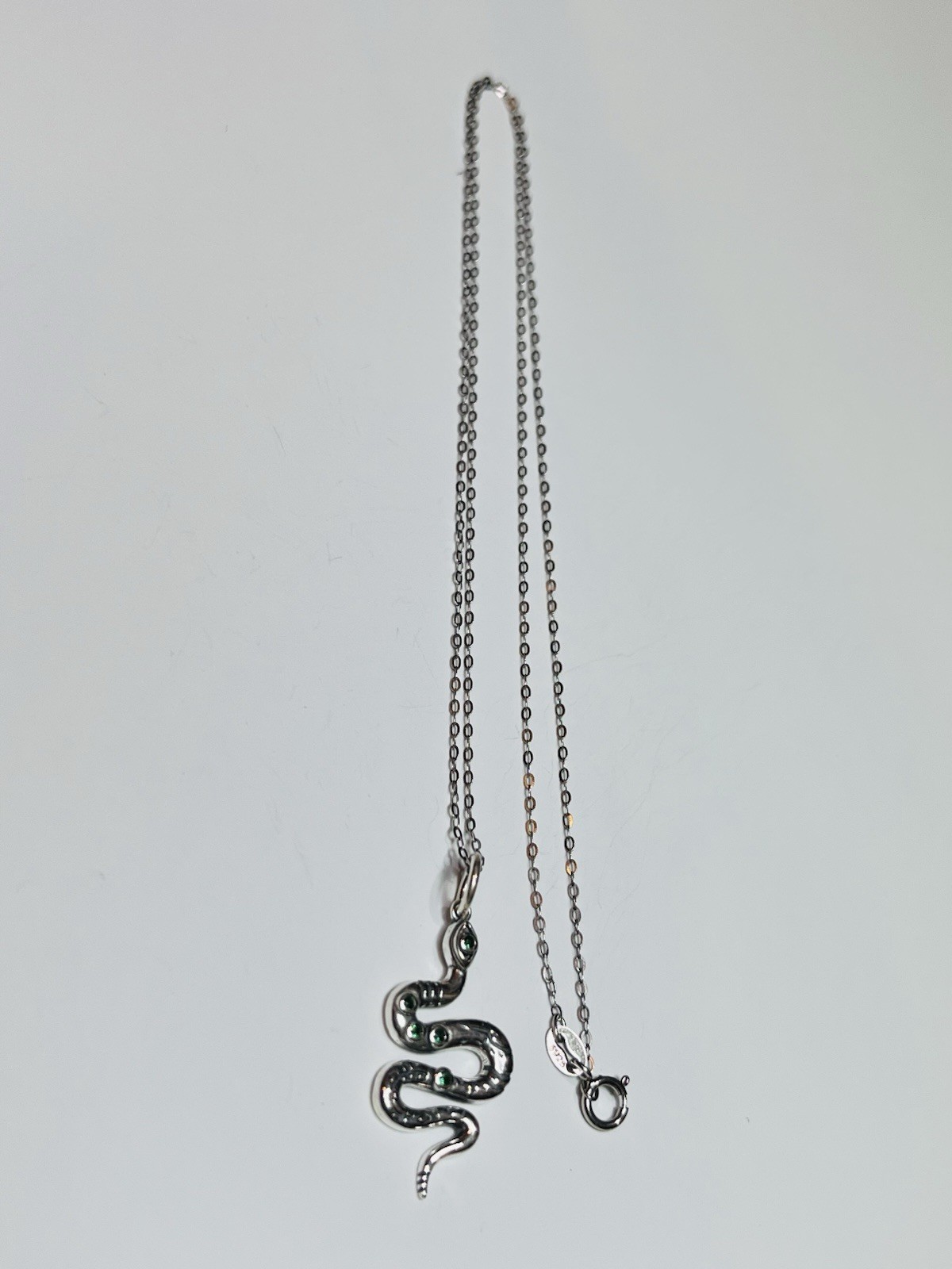 Real 925 Sterling Silver Green Crystal Rattle Snake Pendant Necklace