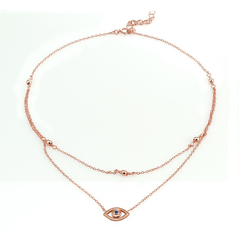 Evil Eye Blue Cubic Zirconia Layered Choker Necklace in Rose Gold Plated Silver