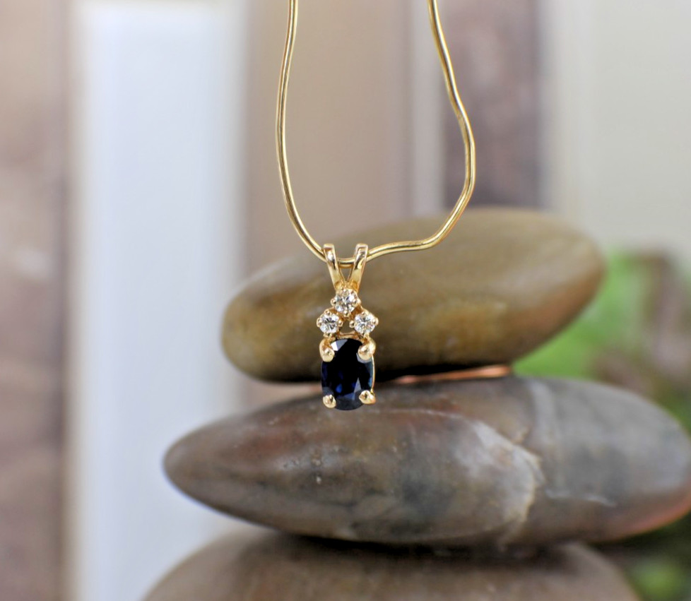 Solid 14K Gold Diamond Sapphire Pendant Classic Beautiful September Birthstone